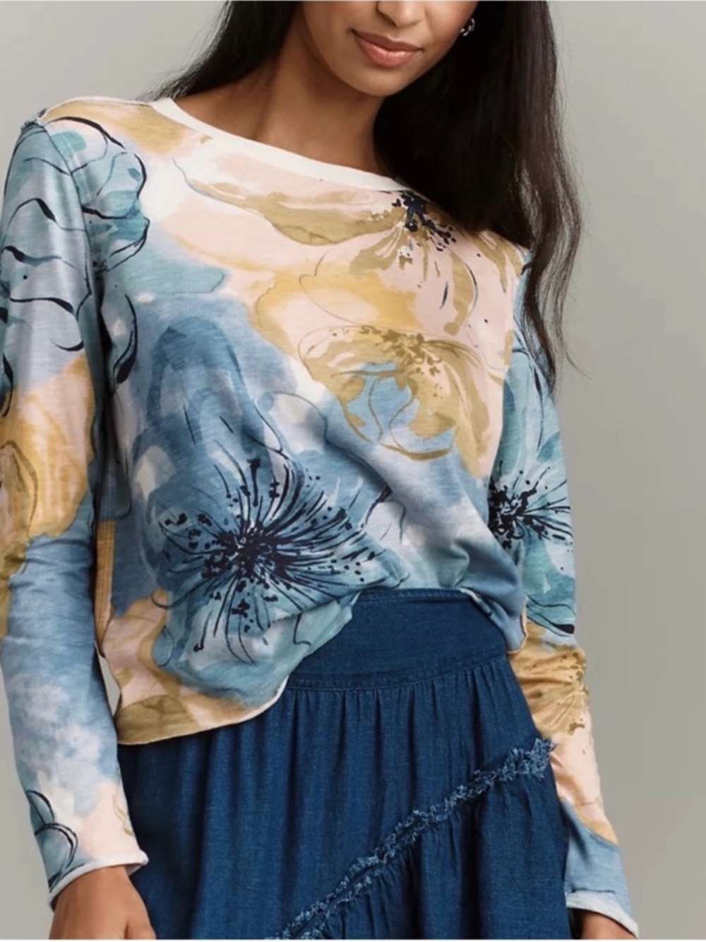 Maeve Floral Watercolor Long-Sleeve Top in Blue & Light Pink